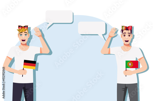 Men with German and Portuguese flags. Background for the text. Communication between native speakers of the language. Vector illustration.
