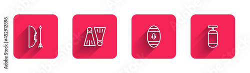 Set line Bow and arrow in quiver, Rubber flippers for swimming, American Football ball and Punching bag with long shadow. Red square button. Vector