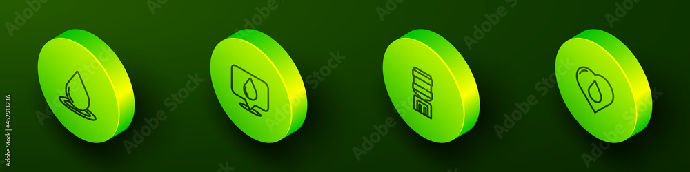 Set Isometric line Water drop, with location, cooler and Heart water icon. Vector Set Isometric line Water drop, with location, cooler and Heart water icon. Vector