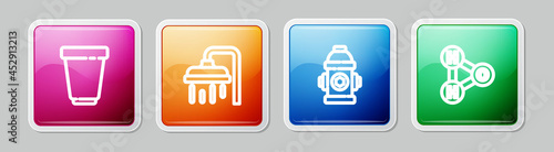Set line Water filter cartridge, Shower head, Fire hydrant and Chemical formula for H2O. Colorful square button. Vector