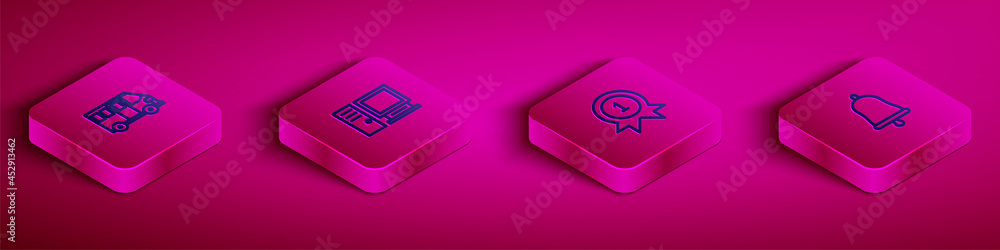 Set Isometric line School Bus, Computer monitor, Medal and Ringing bell icon. Vector Set Isometric line School Bus, Computer monitor, Medal and Ringing bell icon. Vector