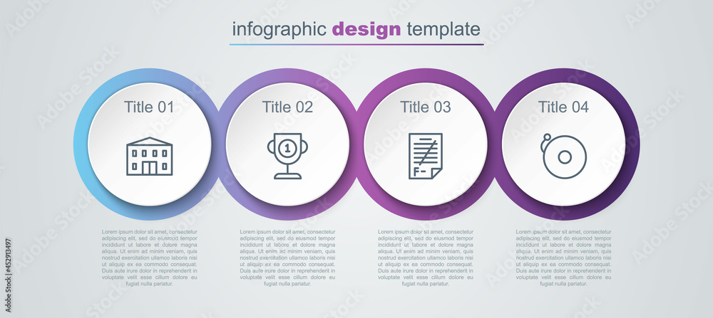Set line School building, Award cup, Exam paper with incorrect answers and Ringing alarm bell. Business infographic template. Vector Set line School building, Award cup, Exam paper with incorrect answers and Ringing alarm bell. Business infographic template. Vector