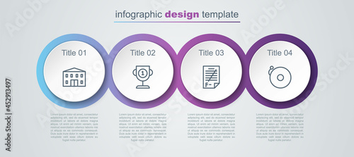 Set line School building, Award cup, Exam paper with incorrect answers and Ringing alarm bell. Business infographic template. Vector