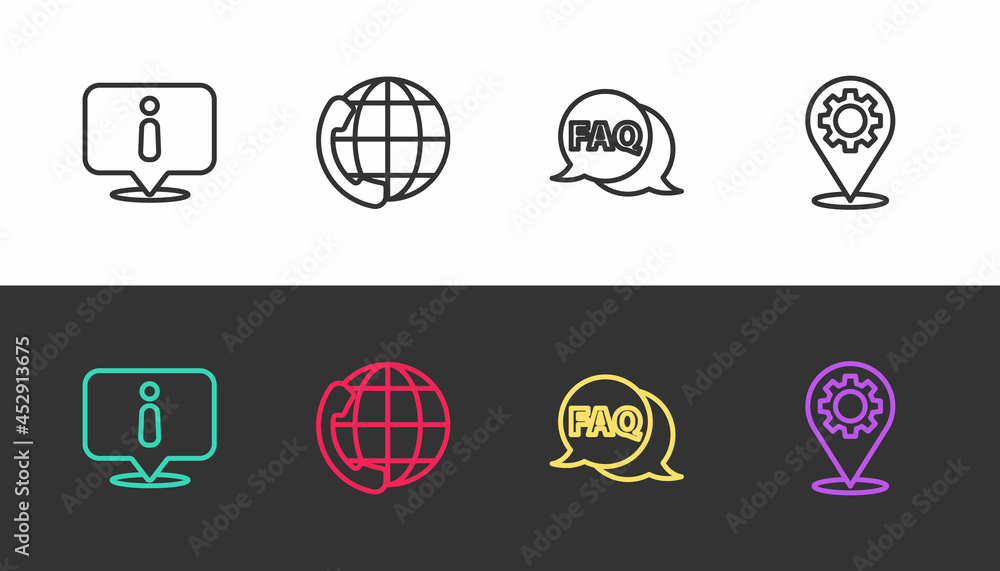 Set line Information, Telephone 24 hours support, Speech bubble with FAQ and Location gear on black and white. Vector Set line Information, Telephone 24 hours support, Speech bubble with FAQ and Location gear on black and white. Vector