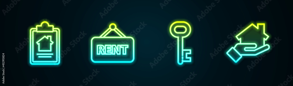 Set line House contract, Hanging sign with Rent, key and Realtor. Glowing neon icon. Vector Set line House contract, Hanging sign with Rent, key and Realtor. Glowing neon icon. Vector