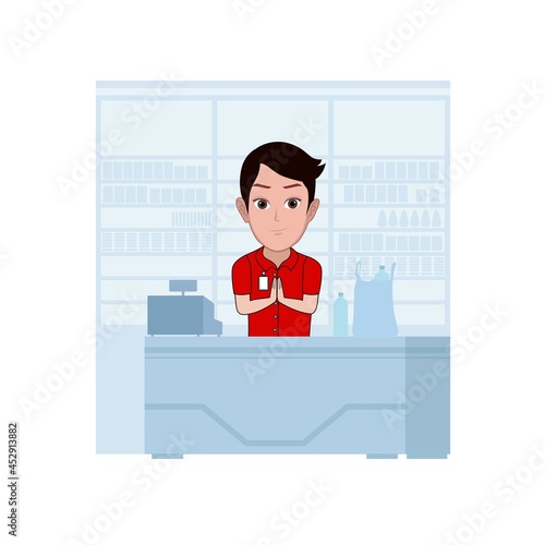 Cartoon carricature of a man is working as a cashier at a supermarket photo