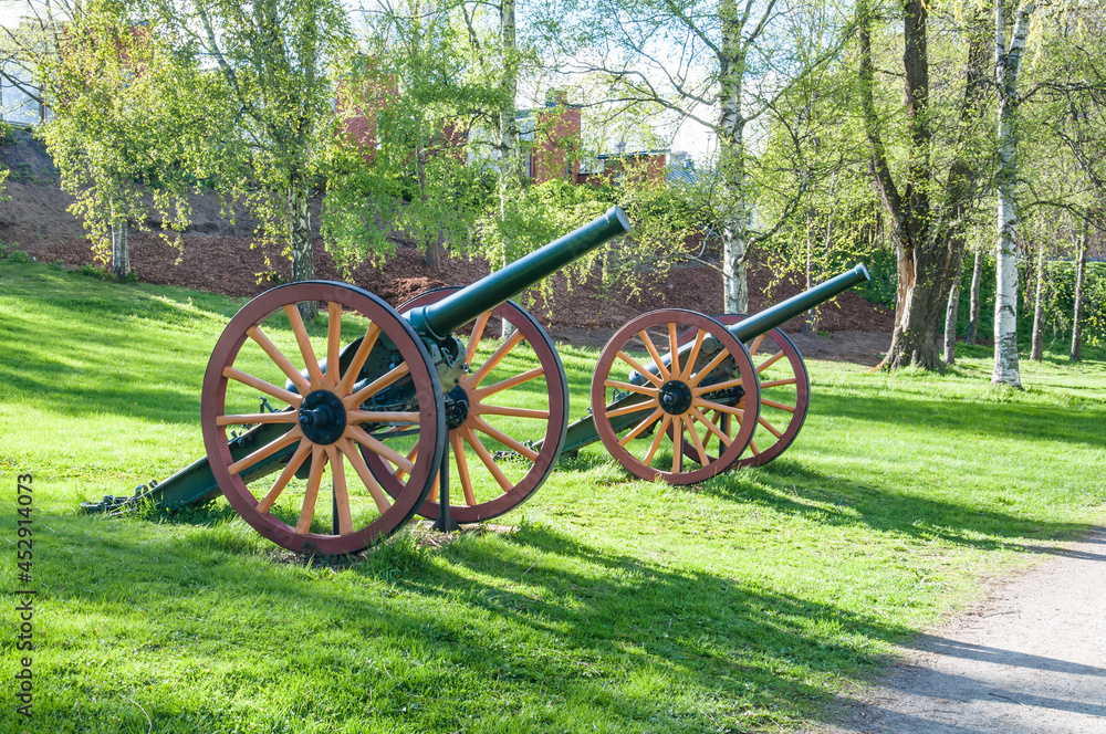 Historical cannons in a park area