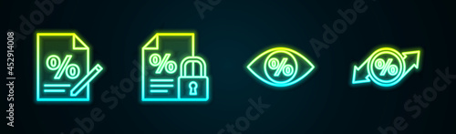 Set line Finance document, and lock, Eye with percent and Discount tag. Glowing neon icon. Vector