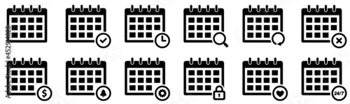 Set of calendar icons. Calendar icon, appointment schedule for apps and websites. Meeting deadlines, reminder. Calendar and chedule signs. Calendar symbols. Vector illustration.