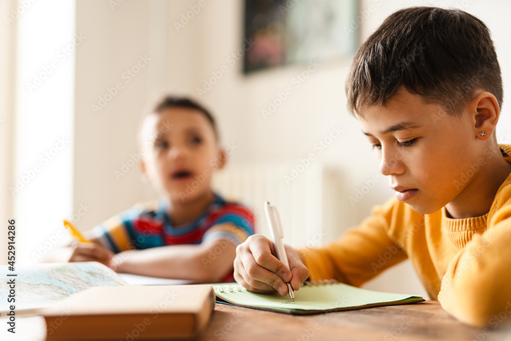 Two boys writing in exercise books while doing homework at home Two boys writing in exercise books while doing homework at home