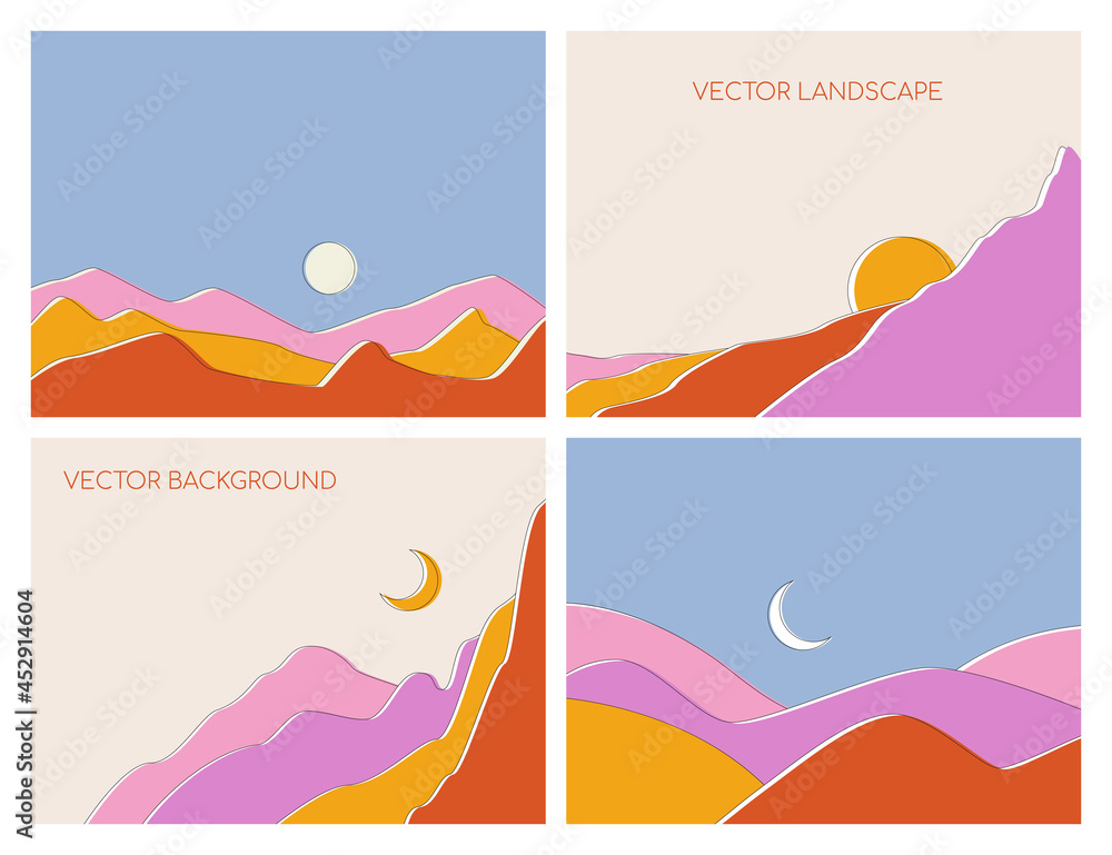 Set of colorful backgrounds with abstract landscapes. Vector set of backgrounds with copy space for text. Layouts for social networks, banners, posters. Design of wall art, covers