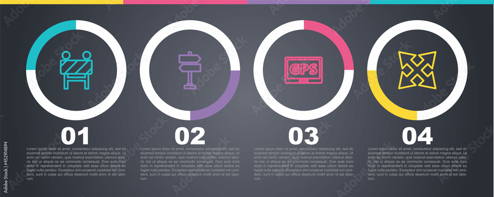 Set line Road barrier, traffic sign, Gps device with map and . Business infographic template. Vector Set line Road barrier, traffic sign, Gps device with map and . Business infographic template. Vector