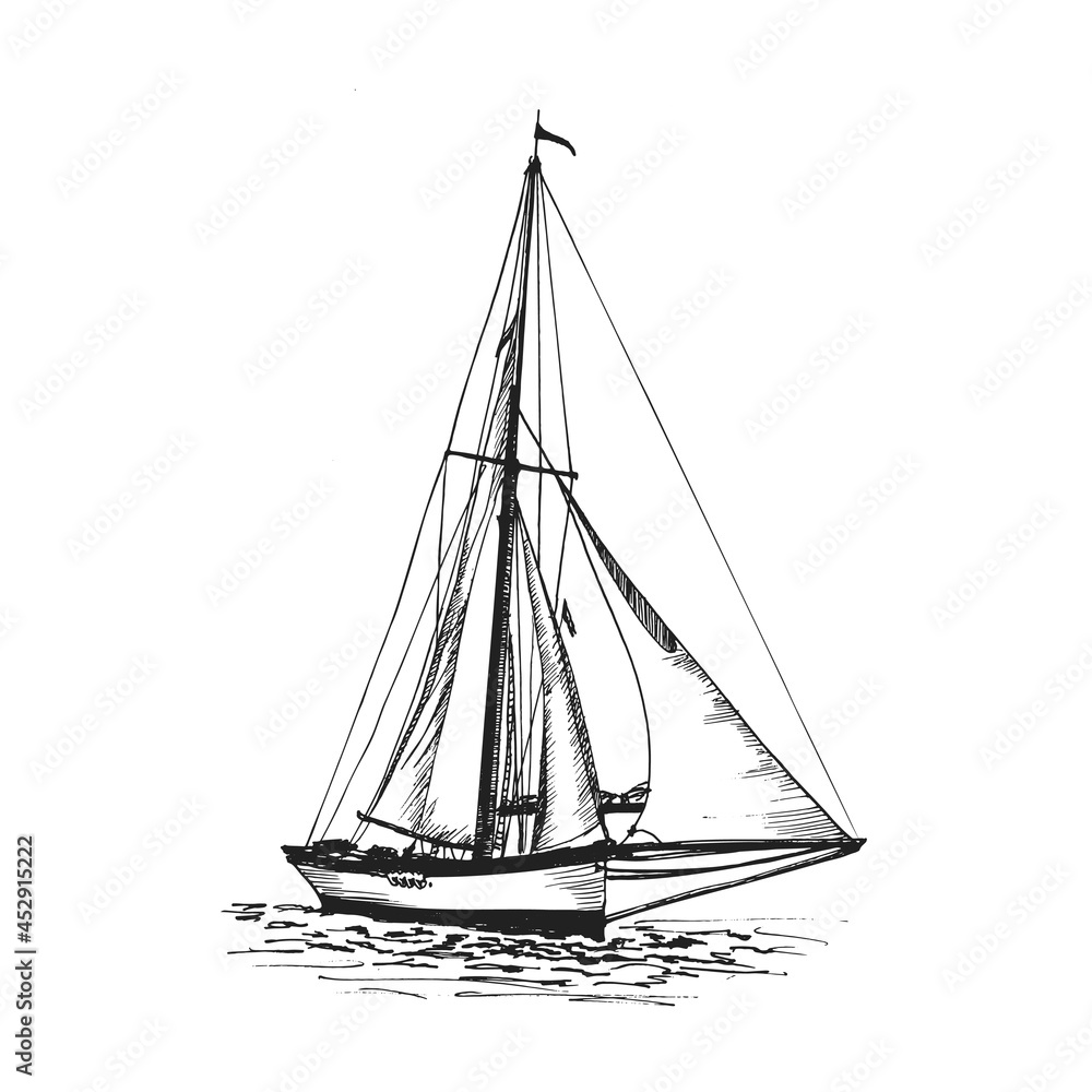 A sailing yacht of the early 20s of the 20th century. Hand drawing sketch illustration. Vector