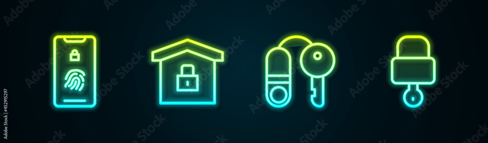 Set line Mobile with fingerprint scan, House under protection, key and Lock and. Glowing neon icon. Vector Set line Mobile with fingerprint scan, House under protection, key and Lock and. Glowing neon icon. Vector