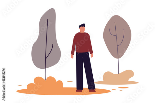 Cartoon man walking in park. Happy guy standing. Healthy lifestyle. Concept of outdoor recreation and spending free time. Rest and quiet time