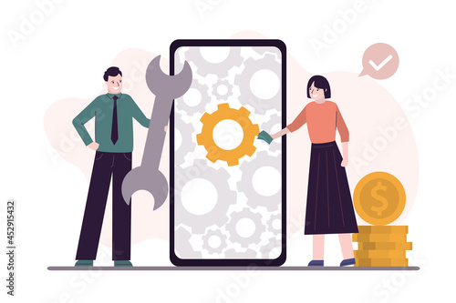 Male repairer with wrench tunes girl's smartphone. Worker customize settings on mobile phone. Many different gears on phone screen
