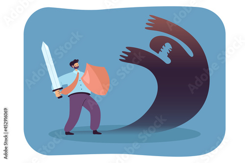 Businessman with sword and shield fighting against shadow. Ego or anxiety threatening man flat vector illustration. Fear, conflict, phobia, challenge concept for banner, website design or landing page