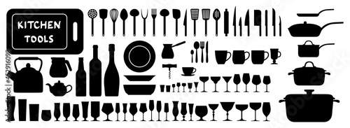Kitchen tools collection set. Vector isolated black elements for web, culinary infographic, brochure, restaurant presentation