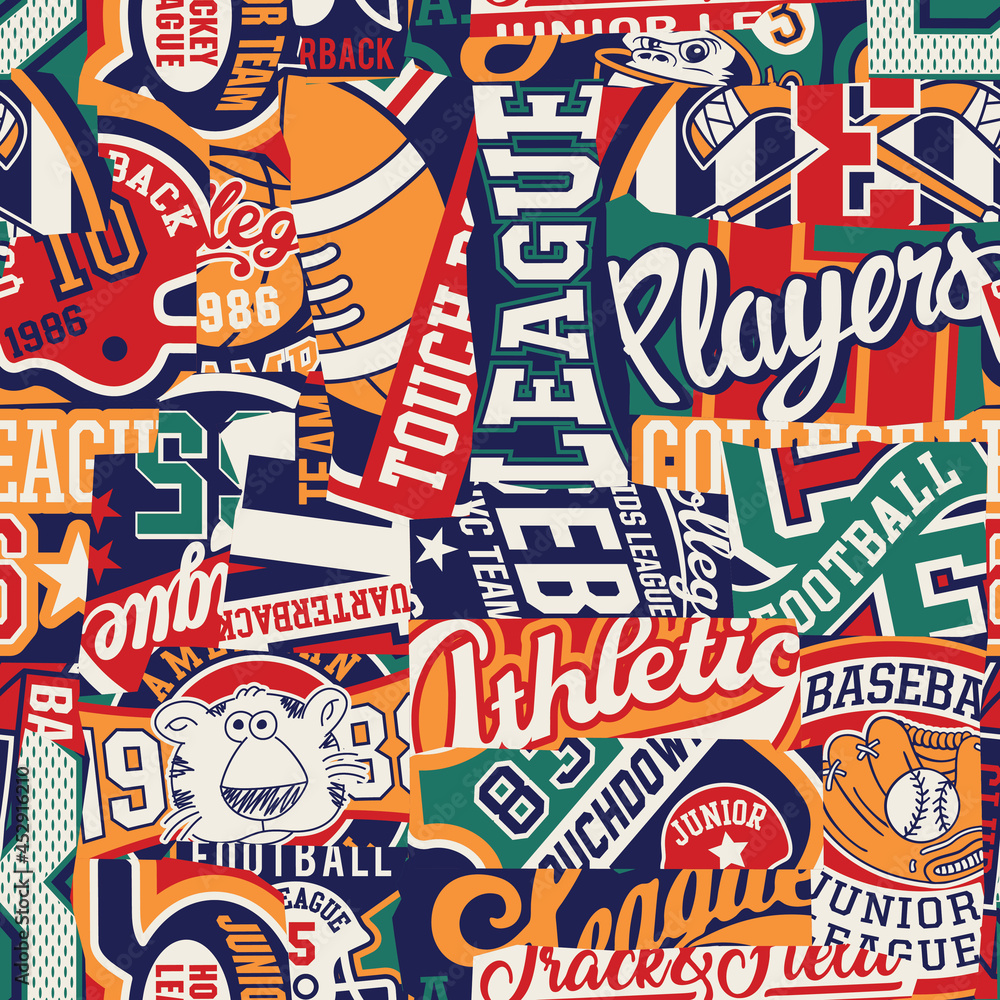 College sporting labels sign and symbol patchwork  abstract vector seamless pattern 