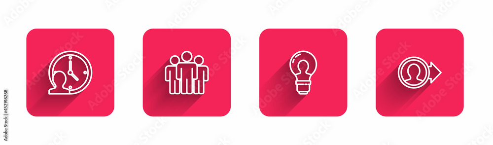 Set line Time Management, Users group, Head with lamp bulb and Create account screen with long shadow. Red square button. Vector Set line Time Management, Users group, Head with lamp bulb and Create account screen with long shadow. Red square button. Vector