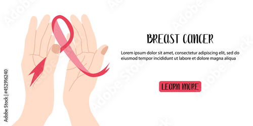 Breast cancer, oncology, disease. October - awareness month. Hand hold pink awareness ribbon. Vector flat cartoon illustration