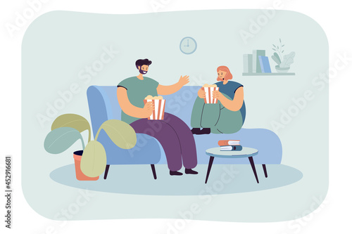 Couple relaxing on comfortable sofa in front of TV. Flat vector illustration. Man and woman watching movie with popcorn, spending evening time together. Family, leisure, comfort, entertainment concept