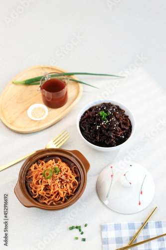 Top View Korean Noodle, Spicy Ramen and Jjajangmyeon (Korean Noodle with Black Soybean Paste). Copy Space for Text