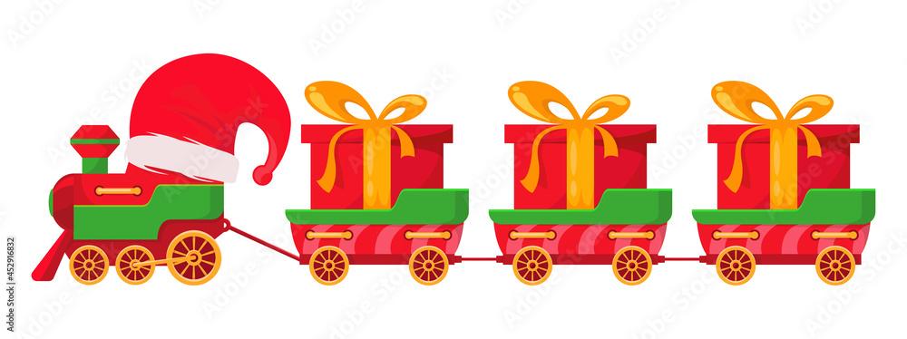 Fototapeta premium Christmas train with santa claus hat. Red wagons with gifts. Isolated on white background. Happy New Year vector illustration.