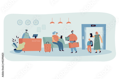 Cartoon hotel lobby interior and robotic staff. Flat vector illustration. Robotic reception and desk clerks helping guests, carrying bags, suitcases. Robotics, service, technology, AI, tourism concept