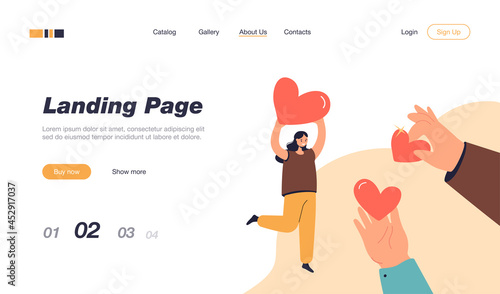 Hand giving hearts to happy woman isolated flat vector illustration. Cartoon metaphor of generosity as donation support and sharing love. Charity project, assistance and solidarity foundation concept