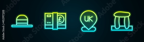 Set line Elegant women hat, Pound sterling money, Location England and Stonehenge. Glowing neon icon. Vector
