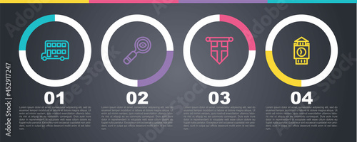 Set line Double decker bus, Magnifying glass, England flag on pennant and Big Ben tower. Business infographic template. Vector
