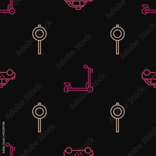 Set line Taxi car, Road traffic signpost and Scooter on seamless pattern. Vector