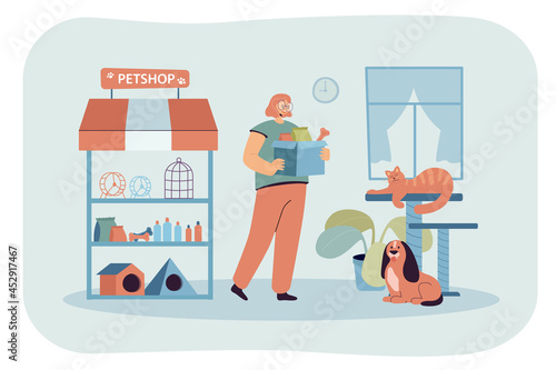 Young cartoon girl working in small petshop. Supermarket or store with toys, cages and food for domestic animals, cat and dog sitting inside, shop interior flat vector illustration. Pets, care concept