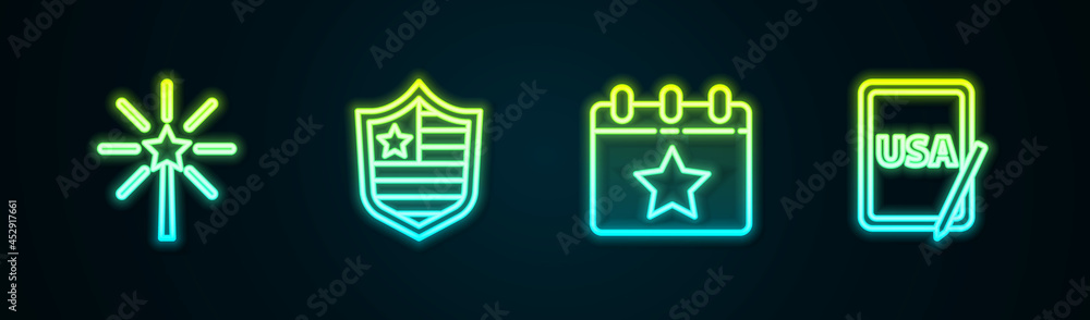 Set line Firework, Shield with stars, Calendar date July 4 and USA on graphic tablet. Glowing neon icon. Vector