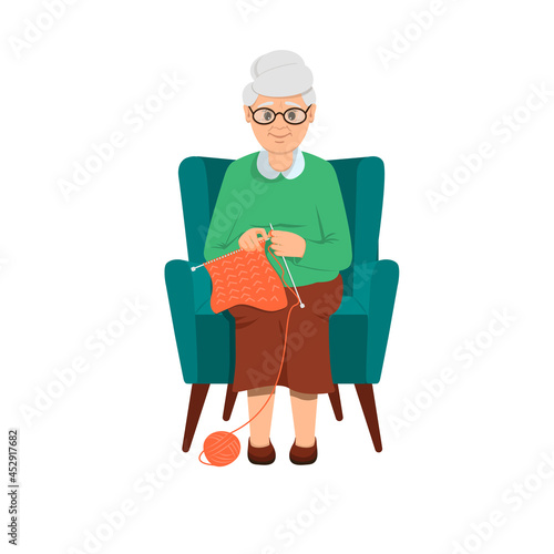 Grandma sits in a soft blue chair and knits. Grandmother with glasses. A ball of wool. Needlework, pension. Isolated on a white background. Flat style. Vector illustration