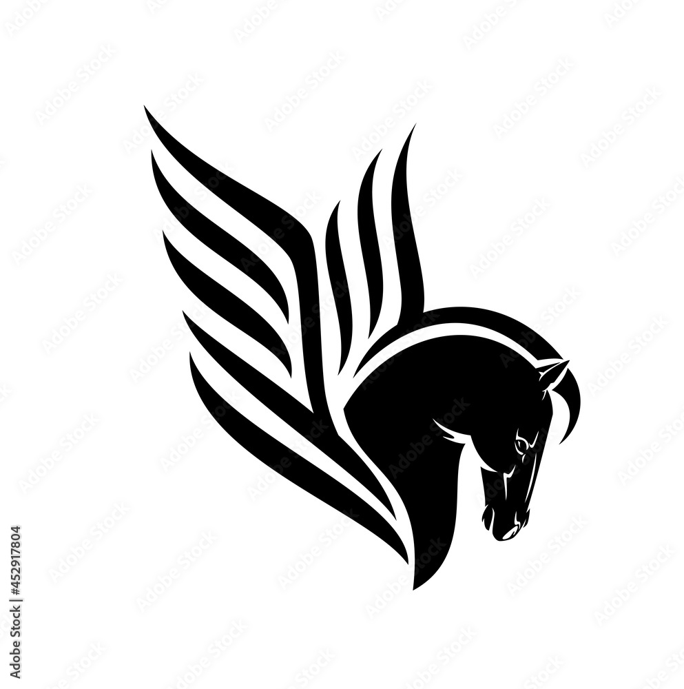 pegasus winged horse profile head - side view mythical animal stylized black and white vector design pegasus winged horse profile head - side view mythical animal stylized black and white vector design