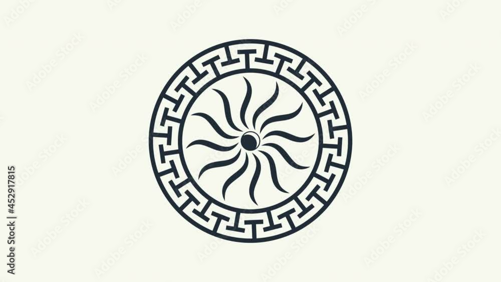 Motion graphic video. Greek circle ornament with sun rays and moon. Round greece icon with black maze frame. Ethnic animation. Meander antique ring with insignia relief of ancient goddess Motion graphic video. Greek circle ornament with sun rays and moon. Round greece icon with black maze frame. Ethnic animation. Meander antique ring with insignia relief of ancient goddess