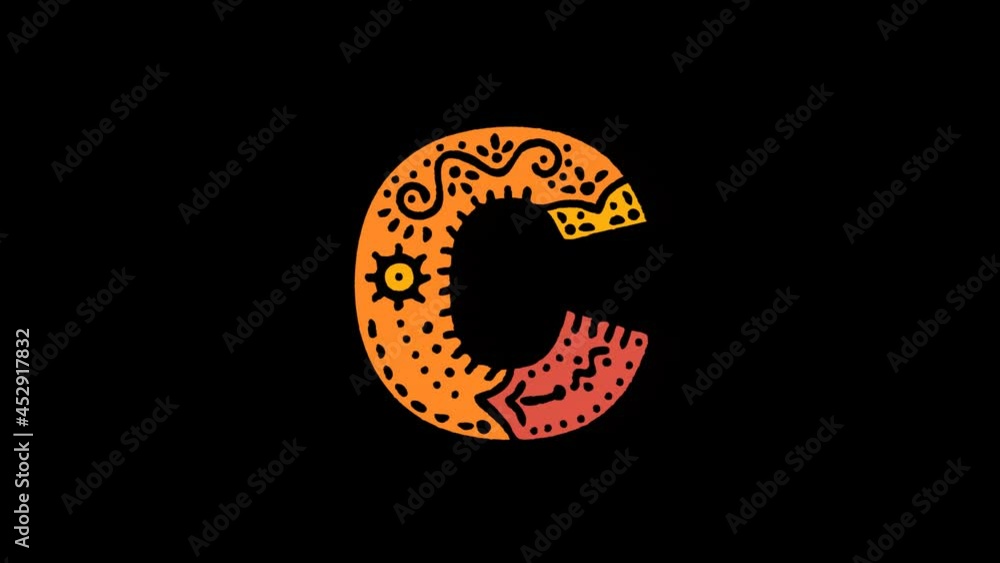Letter C. 4K, Transparent Alpha channel. Cartoon Animation, Shake twitch effect. Ethnic ornament, national folk pattern in letter. 3 colors. Capital Letter C for ABC education, erudition, game. Letter C. 4K, Transparent Alpha channel. Cartoon Animation, Shake twitch effect. Ethnic ornament, national folk pattern in letter. 3 colors. Capital Letter C for ABC education, erudition, game.