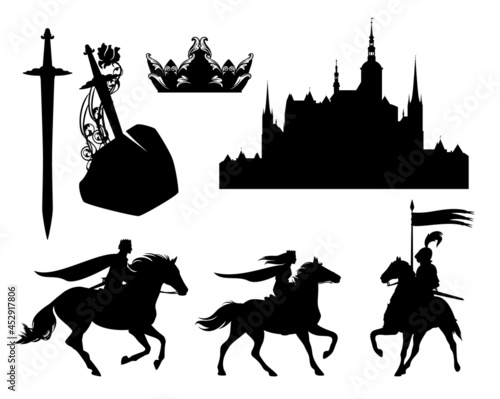 prince, princess, castle and crown with sword outlines - fairy tale scene design black and white vector silhouette set photo