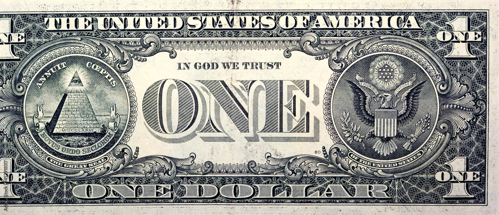 Large fragment of the reverse side of 1 one dollar bill banknote series ...