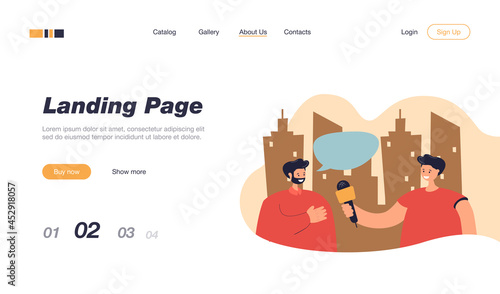 Reporter interviewing man on street. Journalist holding microphone, male character giving interview flat vector illustration. Communication, television concept for banner, website design