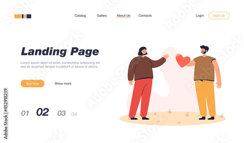 Man giving cartoon heart to woman. Smiling male character confessing feelings flat vector illustration. Love, romance, valentine, relationship concept for banner, website design or landing web page