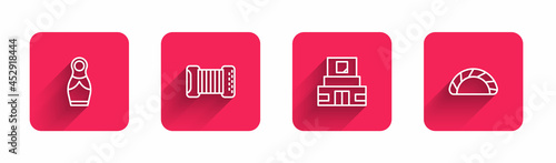 Set line Russian doll matryoshka, Accordion, Mausoleum of Lenin and Dumpling with long shadow. Red square button. Vector