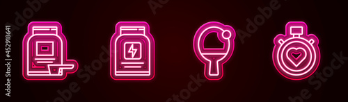 Set line Sports nutrition, , Racket and ball and Heart in the center stopwatch. Glowing neon icon. Vector
