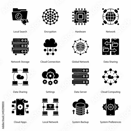 Cloud Computing Network Glyph Icons - Solid, Vectors