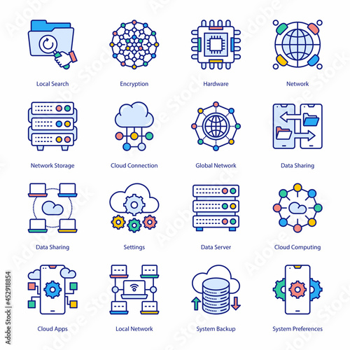 Cloud Computing Network Filled Icons - Stroked, Vectors