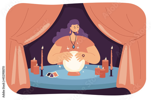 Female fortuneteller with crystal ball in tent. Seer or wizard predicting future, fortune telling service flat vector illustration. Magic, mystery, astrology, fate concept for banner, landing page