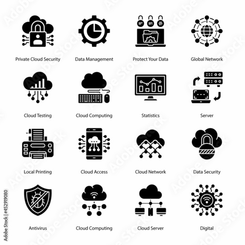 Cloud Computing Network Glyph Icons - Solid, Vectors