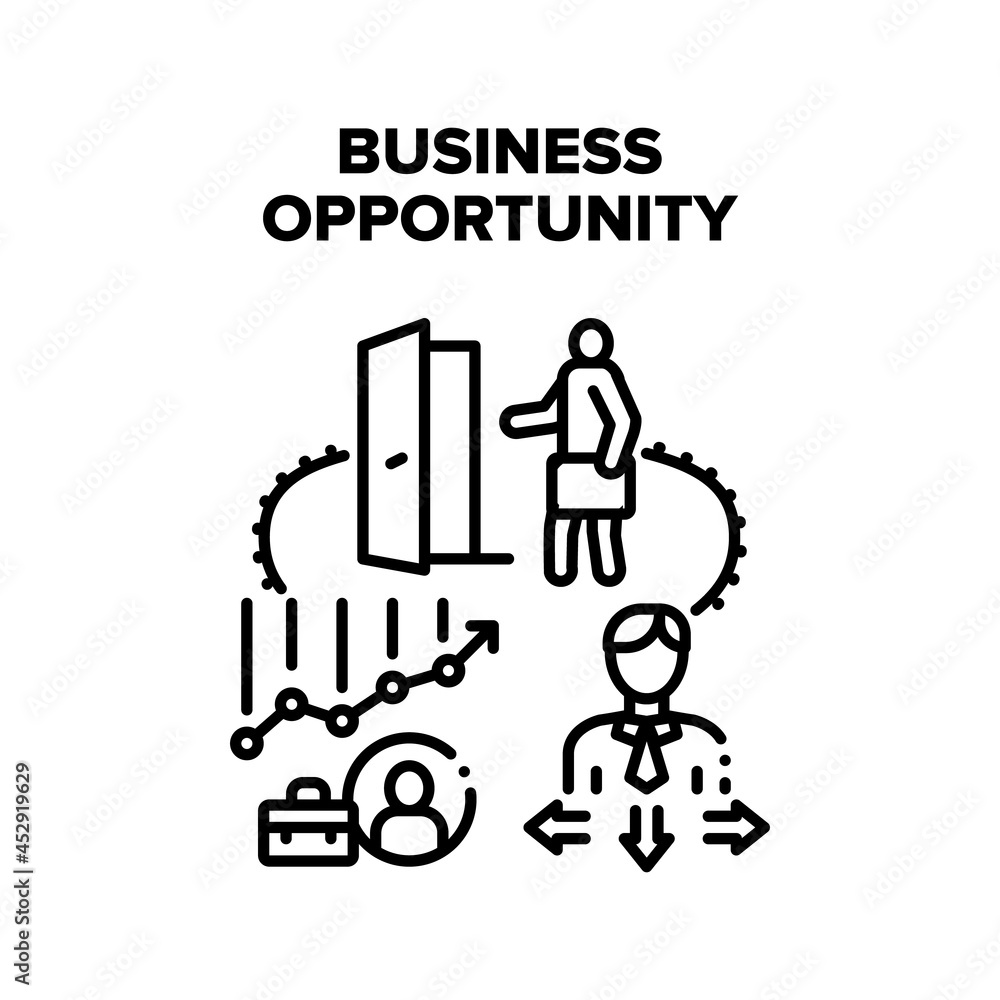 Business Opportunity Vector Icon Concept. Business Opportunity And Choosing Company Way, Entrepreneur Increase Wealth And Profit. Businessman Possibility Opening Door Black Illustration